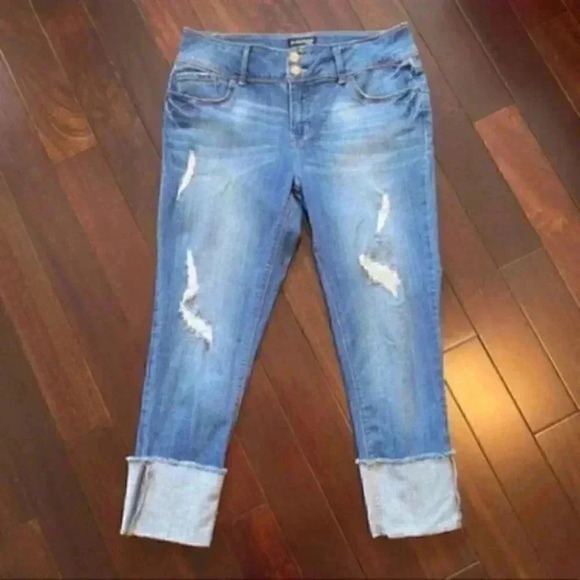 Evermore High Rise Distressed Ankle Crop Jeans Cuffed Stretch Denim Blue Size 30 - Picture 13 of 14